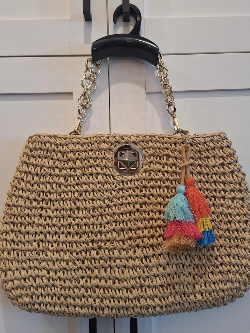 Kate Spade Woven Straw Shoulder Bag w/ Multicolor Tassel EUC